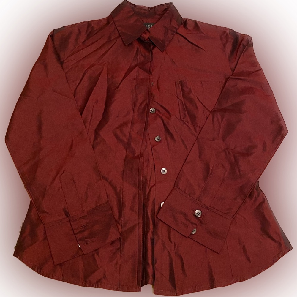 Finity 100% Silk Women’s size 2 Button Down dress Long Sleeve Shirt Reddish Blk